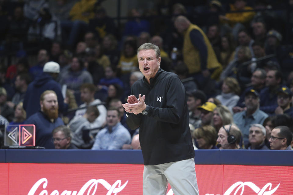 Kansas coach Bill Self reacts during the second half of an NCAA college basketball game against West Virginia, Saturday, Jan. 20, 2024, in Morgantown, W.Va. (AP Photo/Kathleen Batten)