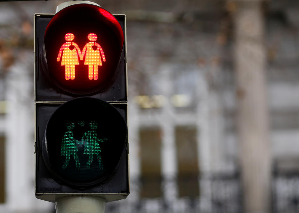 A gay-themed traffic light is pictured in Vienna, Austria (REUTERS/Leonhard Foeger)