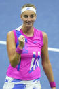 Petra Kvitova, of the Czech Republic, reacts to winning the match with Jessica Pegula, of the United States, during the third round of the U.S. Open tennis championships, Friday, Sept. 4, 2020, in New York. (AP Photo/Frank Franklin II)