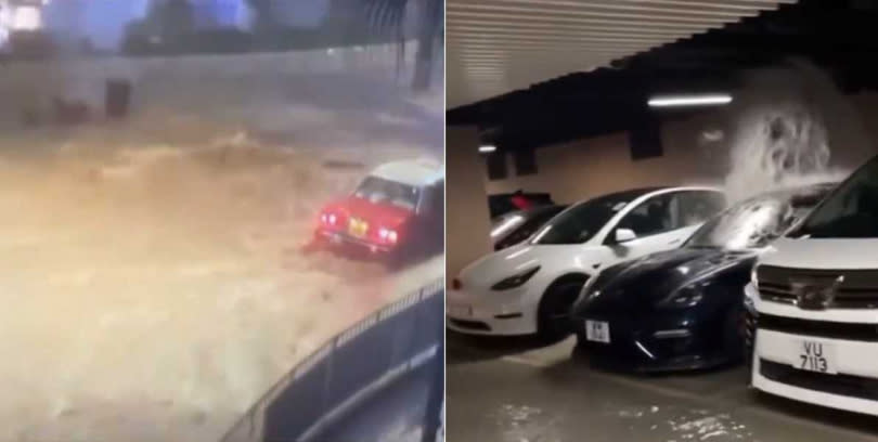 駕駛涉水而過，停車場也淹水。（圖／翻攝自微博）