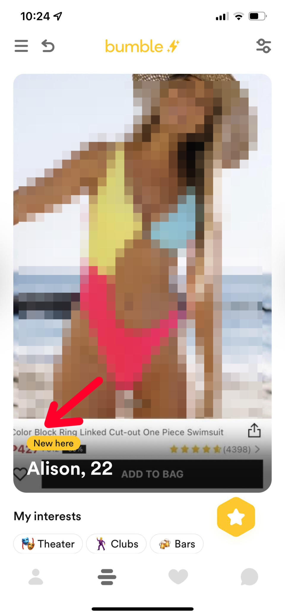 Someone's Bumble photo is a screenshot of a woman in a swimsuit, with the shopping site the photo was pulled from clearly visible