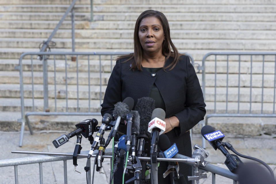 New York Attorney General Letitia James speaks the the media outside the courthouse during the civil business fraud trial of former President Donald Trump at New York Supreme Court, Tuesday, Oct. 17, 2023, in New York. (AP Photo/Stefan Jeremiah)