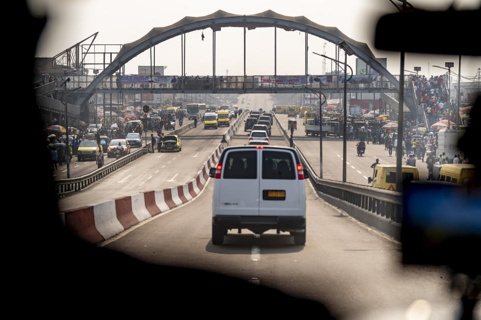 A motorcade carrying Secretary of State Antony Blinken moves through Kinshasa, Congo, Tuesday, Aug. 9, 2022. Blinken is on a ten day trip to Cambodia, Philippines, South Africa, Congo, and Rwanda. (AP Photo/Andrew Harnik, Pool)