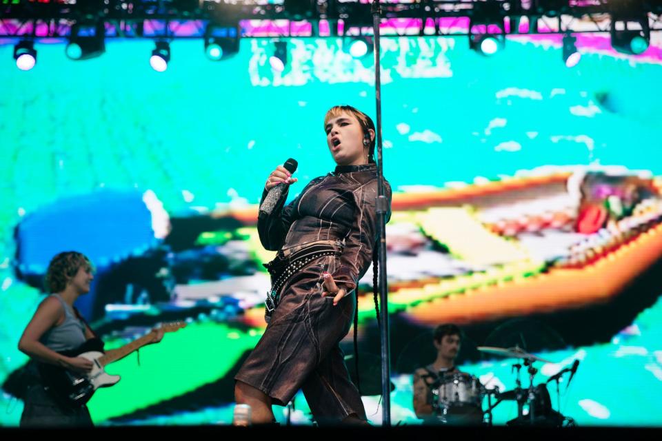 BENEE performs inside the Mojave tent at the Empire Polo Club during the Coachella Valley Music and Arts Festival in Indio, Calif., on Friday, April 14, 2023. 