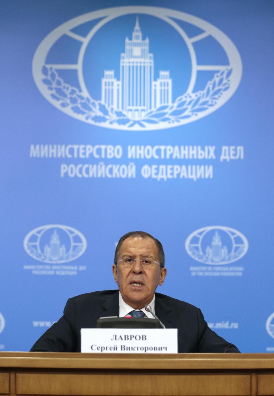 Russian Foreign Minister Sergey Lavrov speaks during his annual roundup news conference summing up his ministry's work in 2016, in Moscow, Russia, Tuesday, Jan. 17, 2017. Lavrov said Russia hopes new U.S. administration will be represented at the Syria talks in Astana, Kazakhstan. (AP Photo/Ivan Sekretarev)