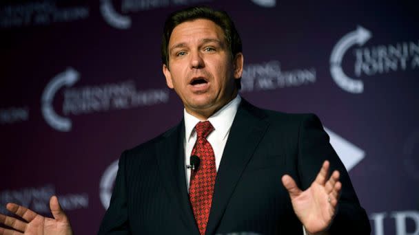 PHOTO: Florida Gov. Ron DeSantis speaks at the Unite and Win Rally in support of Pennsylvania Republican gubernatorial candidate Doug Mastriano at the Wyndham Hotel, Aug. 19, 2022, in Pittsburgh, Pa.  (Jeff Swensen/Getty Images)