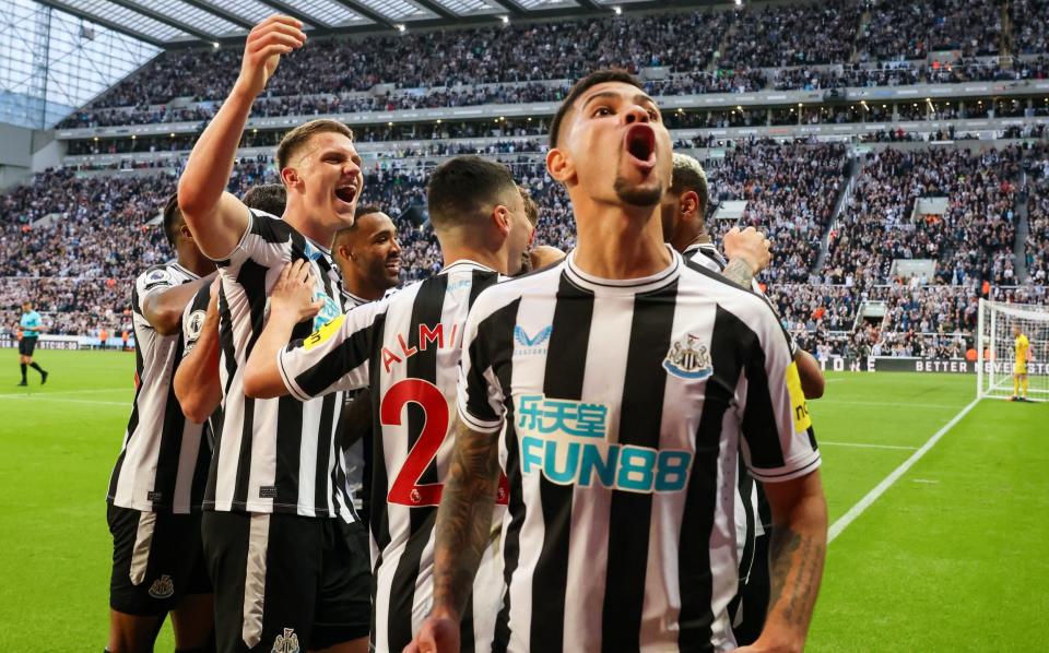 Newcastle players celebrate after Dan Burn of Newcastle United (33) scored Newcastles second goal during the Premier League match between Newcastle United and Brighton & Hove Albion at St. James Park on May 18, 2023 in Newcastle upon Tyne, England - Getty Images/Newcastle United