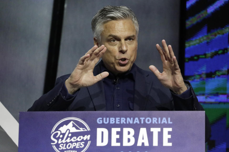 FILE- Former Russia ambassador Jon Huntsman Jr. speaks during a debate for Utah's 2020 gubernatorial race on Jan. 31, 2020, in Salt Lake City. Lt. Gov. Spencer Cox has won the Republican nomination in the Utah governor's race Monday, July 6, 2020, giving him a heavy advantage in the conservative state's general election. The race had Huntsman trying for another term as governor against Cox, who was prominent in the state's pandemic response. (AP Photo/Rick Bowmer, File)