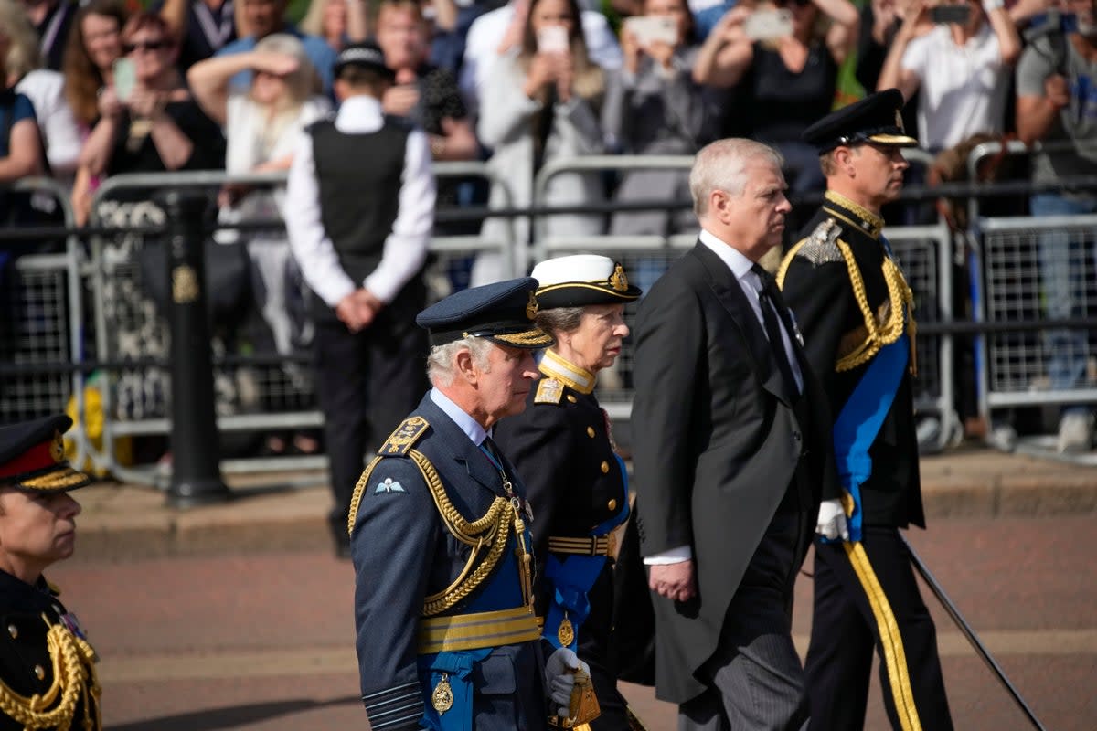 Britain's King Charles III, Princess Anne , Prince Andrew and Prince Edward follow the coffin of Queen Elizabeth II  (AP)