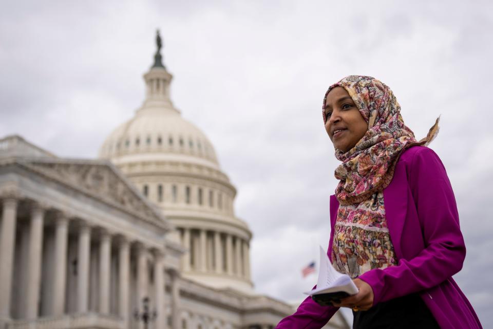 Rep. Ilhan Omar (D-MN) leaves a news conference on Jan. 26, 2023, marking the 6th anniversary of President Donald Trump's executive order banning travelers from seven majority-Muslim countries from entering the U.S.  President Joe Biden issued a presidential proclamation rescinding the order upon entering office in January 2021.