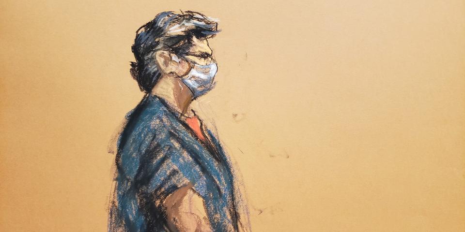 NXIVM cult leader Keith Raniere stands during his sentencing hearing in a sex trafficking and racketeering case inside the Brooklyn Federal Courthouse in New York, on October 27, 2020 in this courtroom sketch.