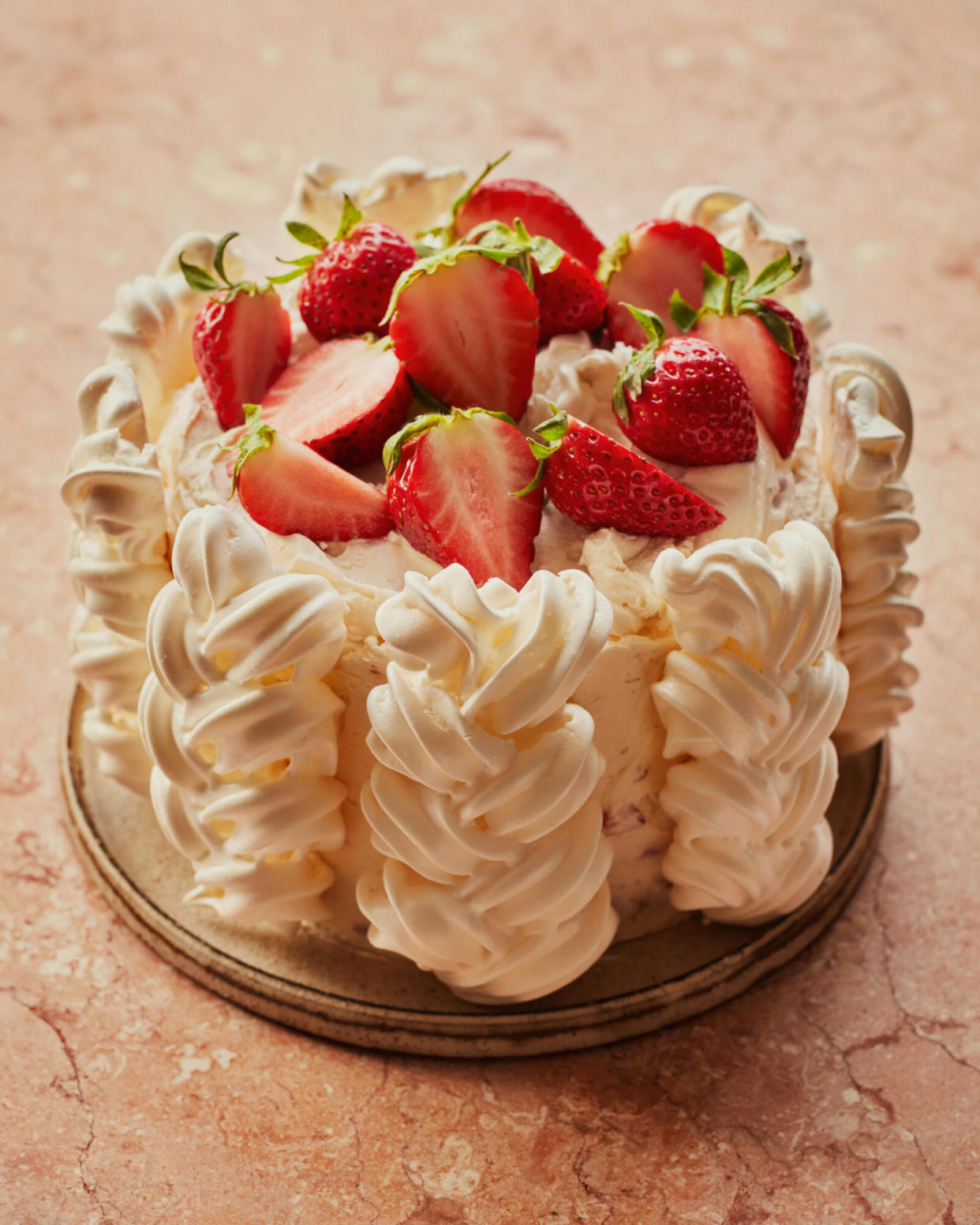 <span>Ravneet Gill’s gluten-free strawberry and meringue cream cake.</span><span>Photograph: Laura Edwards/The Guardian. Food styling: Benjamina Ebuehi. Prop styling: Anna Wilkins. Food styling assistant: Lara Cook.</span>
