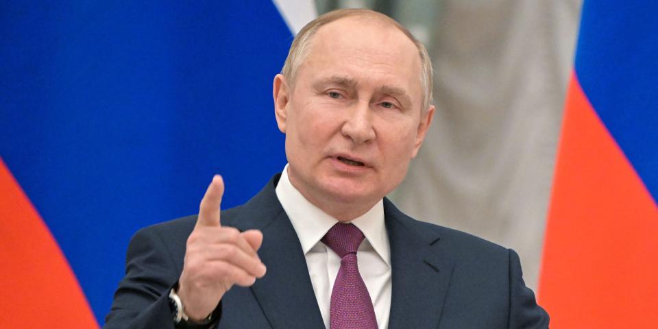 Russian President Vladimir Putin speaks at the Kremlin, in Moscow, on February 15, 2022.