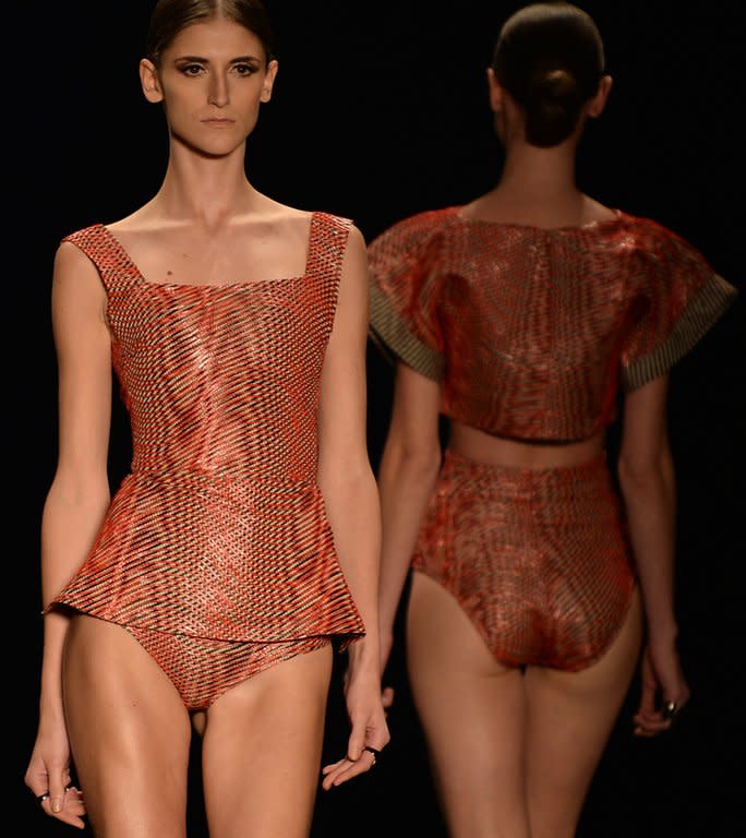 A model presents a creation by Lenny Niemeyer during the 2014 Summer collections at the Rio Fashion Week in Rio de Janeiro, Brazil, on April 17, 2013