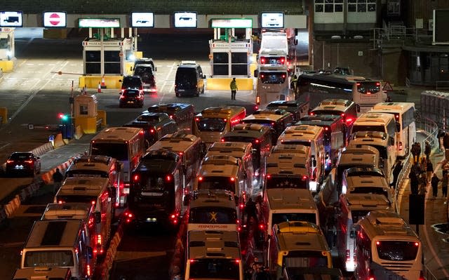 Coaches wait at Dover on Sunday night (Gareth Fuller/PA)