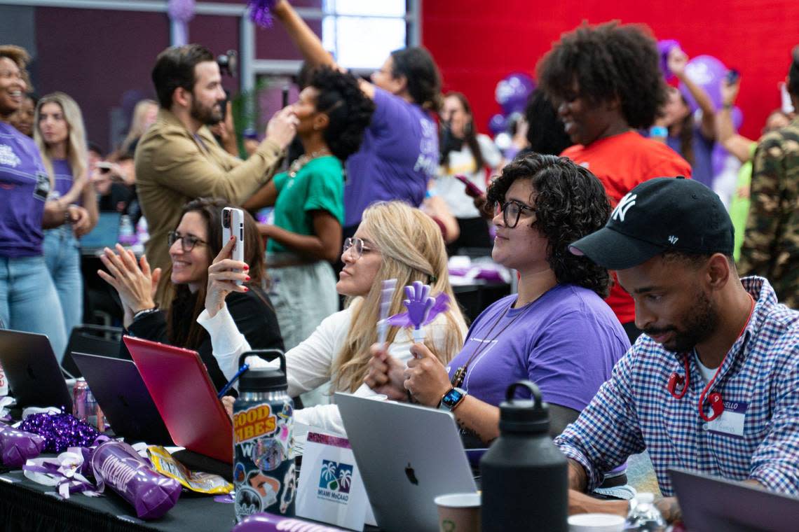 People watch as donations reach $17 million during Give Miami Day at Miami Dade College in Miami, Florida on Thursday, November 17, 2022.