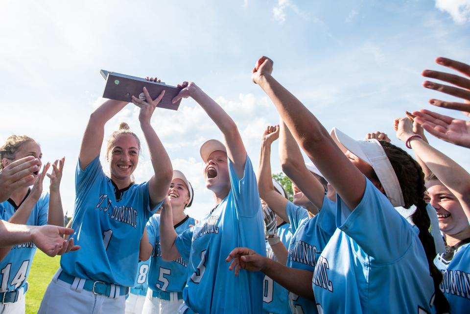 Mount St. Dominic hosts Immaculate Heart Academy in the North Non-Public A softball final on Tuesday May 31, 2022. Mount St. Dominic celebrates their 3-2 victory.
