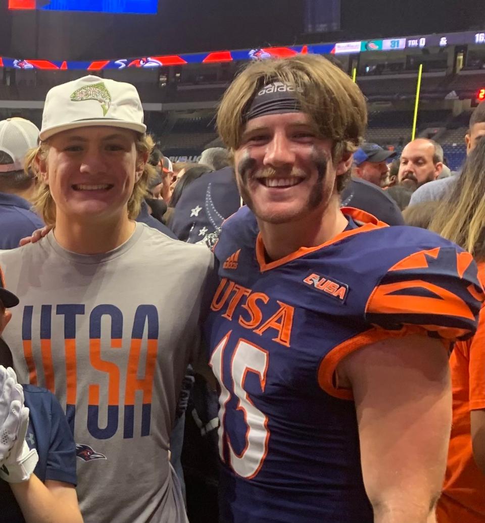 Cade Stoever, right, played four years for UTSA as a wide receiver. Younger brother Cody, left, now the starting quarterback at Wimberley High, has been his biggest supporter. Cody became the Wimberley starter last year when the Texans' previous quarterback transferred seven weeks before the season.