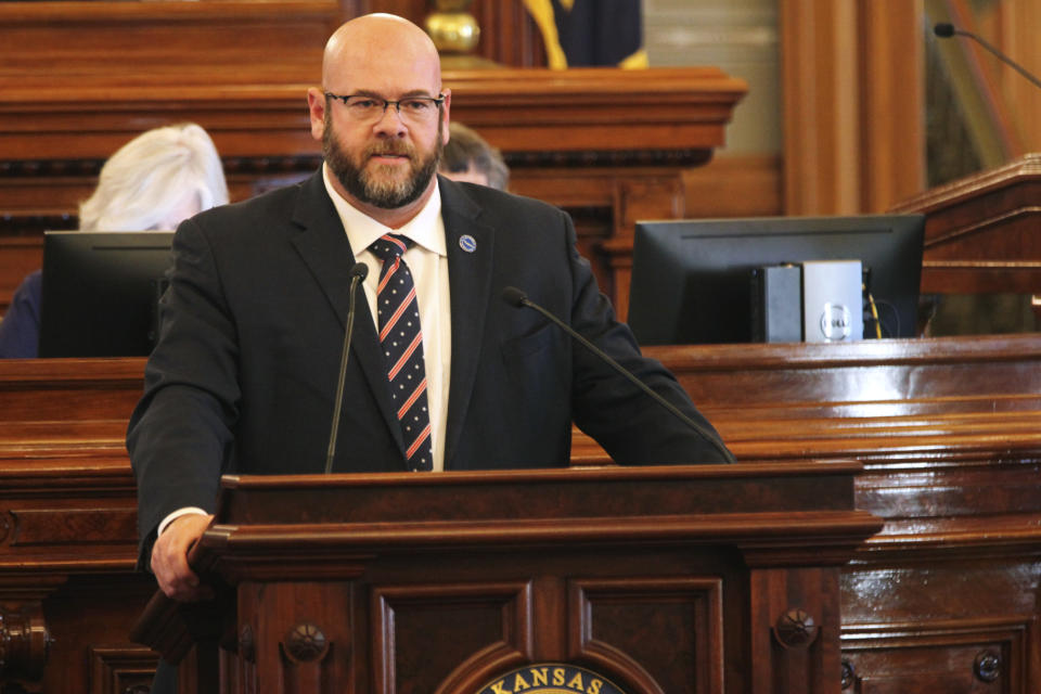 Kansas state Rep. Stephen Owens, R-Hesston, speaks against a proposed plan for cutting taxes, Thursday, April 4, 2024, at the Statehouse in Topeka, Kan. Owens doesn't think the plan does enough to cut taxes, and his colleagues have rejected it. (AP Photo/John Hanna)