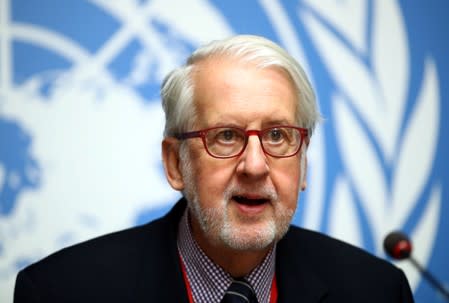 Pinheiro Chairperson of the Commission of Inquiry on Syria attends a news conference during the Human Rights Council in Geneva