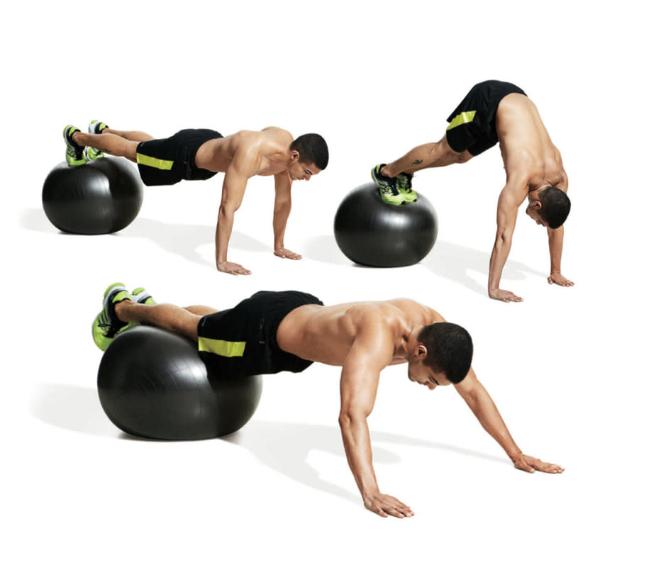 How to do it:<ol><li>Get into push-up position with your toes on an exercise ball. </li><li>Bend your hips and roll the ball toward you so your torso becomes vertical. </li><li>Roll back so your body is straight again and extend your spine.</li><li>Roll the ball up your legs so your body forms a straight line with arms extended overhead but hands still on the floor. </li><li>You should look like Superman flying downward. That’s one rep. </li><li>Pull with your lats to return to the pushup position and begin the next rep.</li></ol>Pro tip:<p>Keep your core engaged for the entire rep.</p>Variation:<p>If it's too difficult to maneuver the exercise ball during this move, try doing it on an exercise mat first by walking your legs in and out of the pike position.</p>