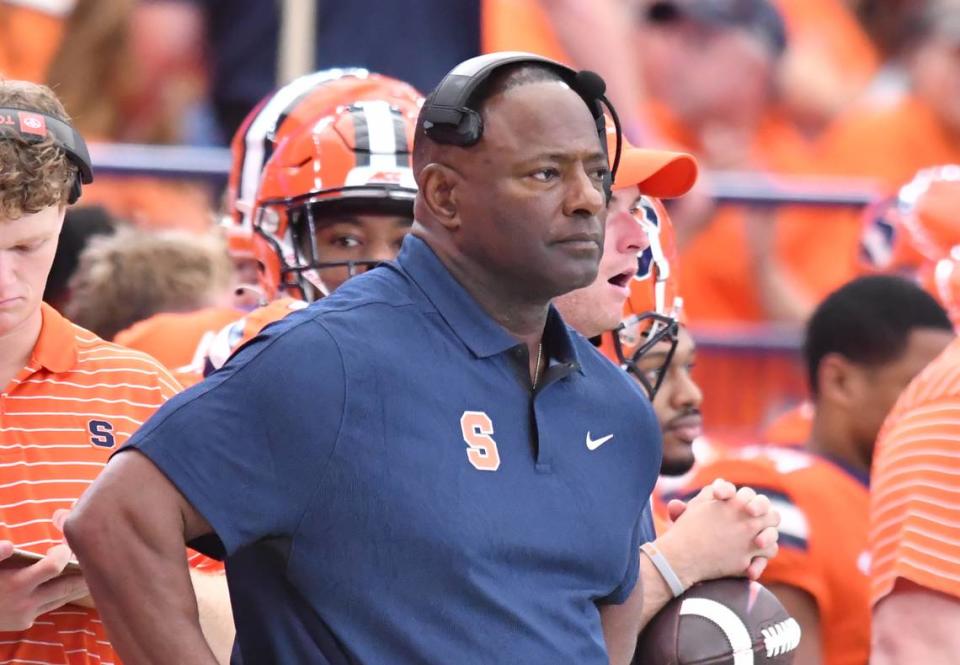 Sep 30, 2023; Syracuse, New York, USA; Syracuse Orange head coach Dino Babers watches the field in the fourth quarter game against the Clemson Tigers at the JMA Wireless Dome. Mandatory Credit: Mark Konezny-USA TODAY Sports