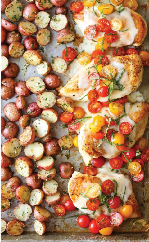 <strong>Get the <a href="https://damndelicious.net/2016/09/24/sheet-pan-bruschetta-chicken/" target="_blank">Sheet Pan Bruschetta Chicken</a> recipe from Damn Delicious</strong>