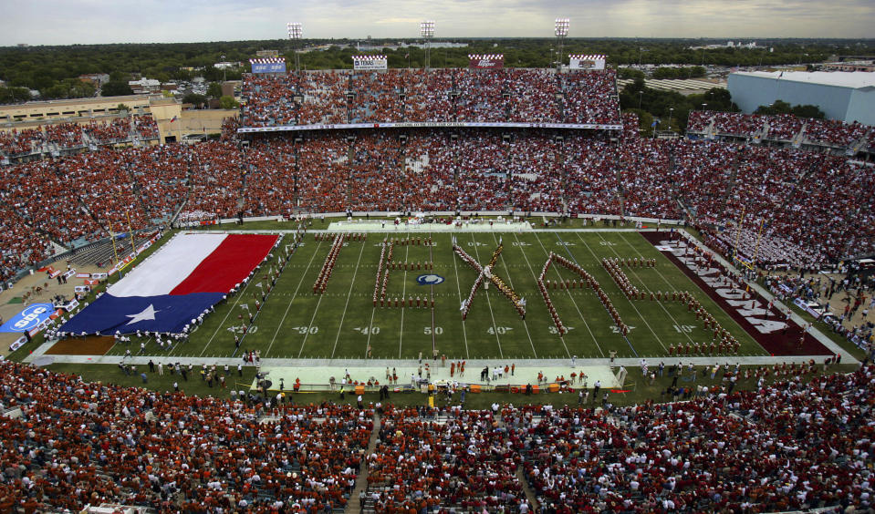 FILE - The Cotton Bowl is shown on the 100th match-up of Texas and Oklahoma in an NCAA college football game in Dallas, Saturday, Oct. 10 , 2005. The Big 12 is losing its marquee matchup when the Red River Rivalry is played Saturday for the final time under the league’s umbrella. (AP Photo/LM Otero, File)