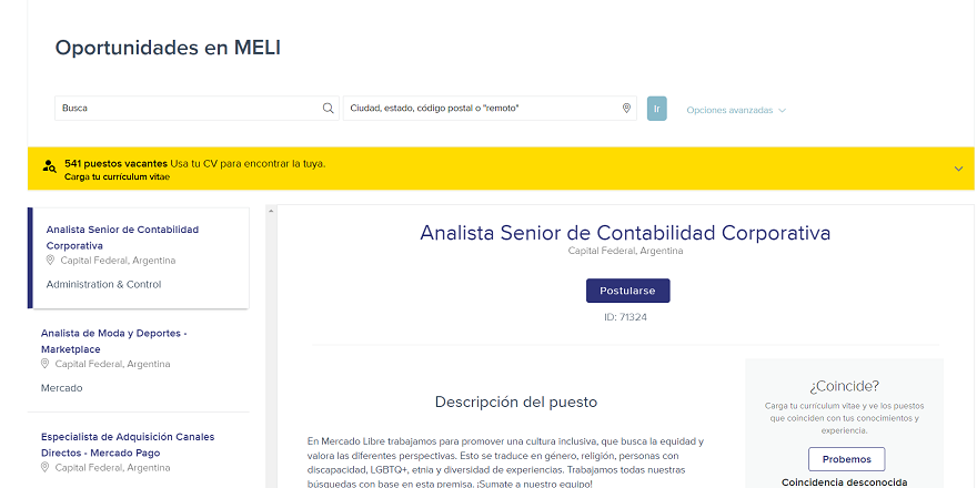 En la web de Mercado Libre, podrás adjuntar tu CV para buscar coincidencias con alguna vacante.