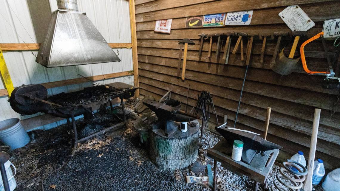 A blacksmithing area of Steve Auvenshine of Bourbon County, who specializes in custom hand crafted knives made for several popular movies.