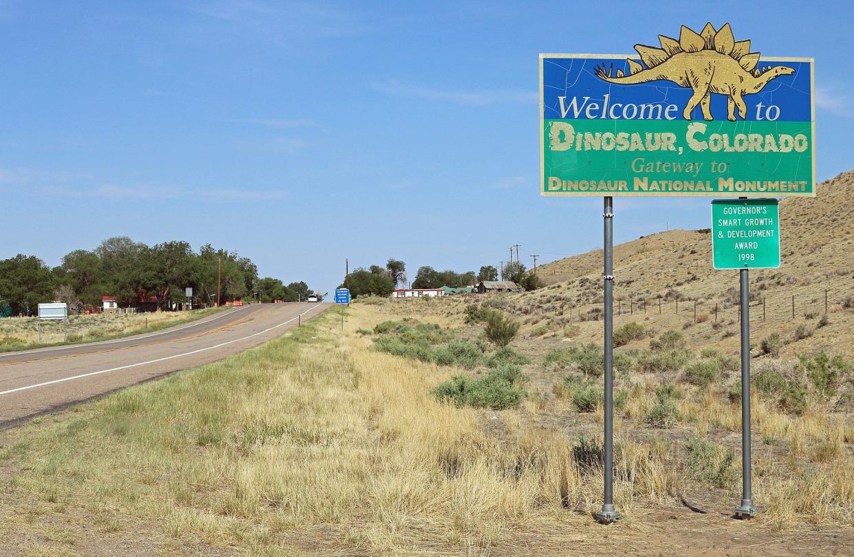 A welcome sign along U.S. Highway 40 in Dinosaur, Colorado.