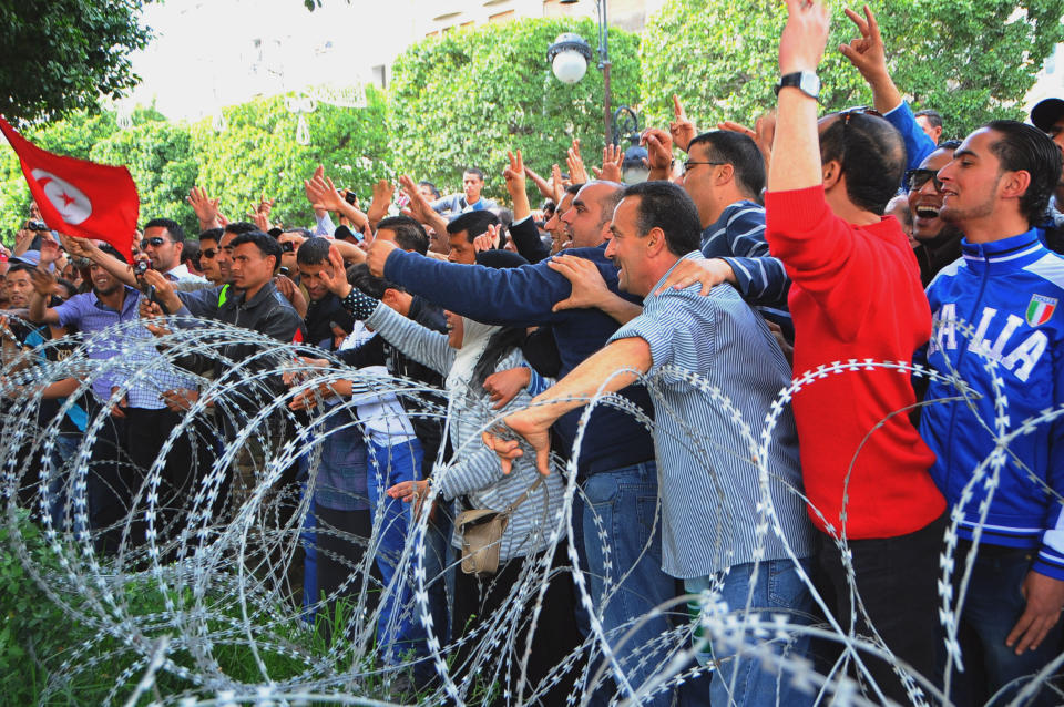 Members of the Tunisian General Labour Union, UGTT, demonstrate to mark International Worker's Day, or May Day, in Tunis Tuesday, May, 1, 2012 (AP Photo/Hassene Dridi)