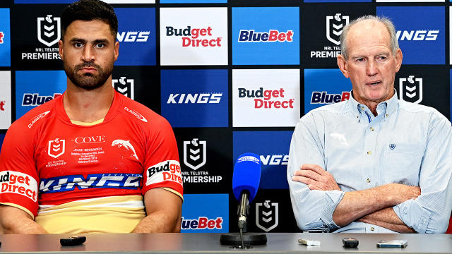 Jesse Bromwich and Wayne Bennett at a Dolphins press conference.