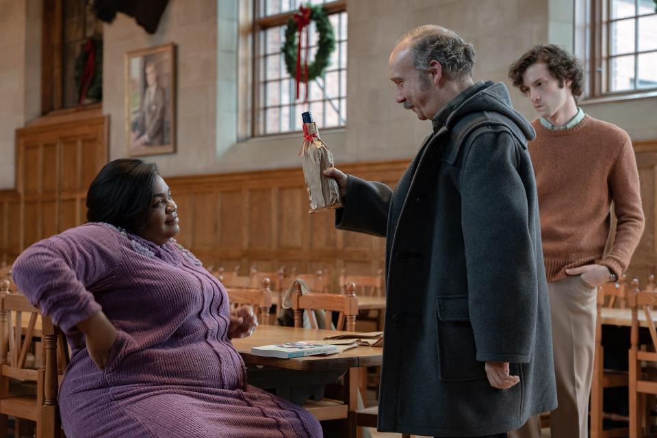 Da’Vine Joy Randolph stars as Mary Lamb, Dominic Sessa as Angus Tully and Paul Giamatti as Paul Hunham in director Alexander Payne’s "The Holdovers."