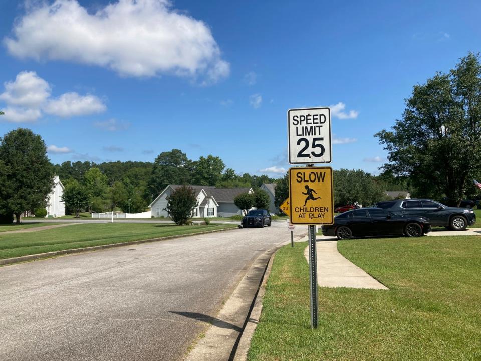 The entrance to the Dogwood Lakes neighborhood in Hampton, Ga., is shown on Sunday, July 16, 2023. (Copyright 2023 The Associated Press. All rights reserved)