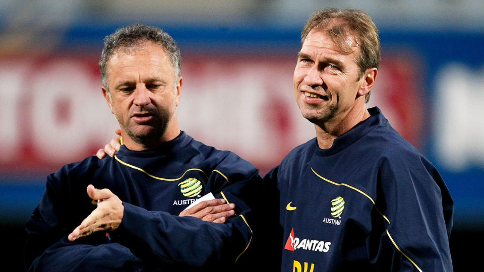 Pictured here is current Socceroos coach Graham Arnold with former coach Pim Verbeek.