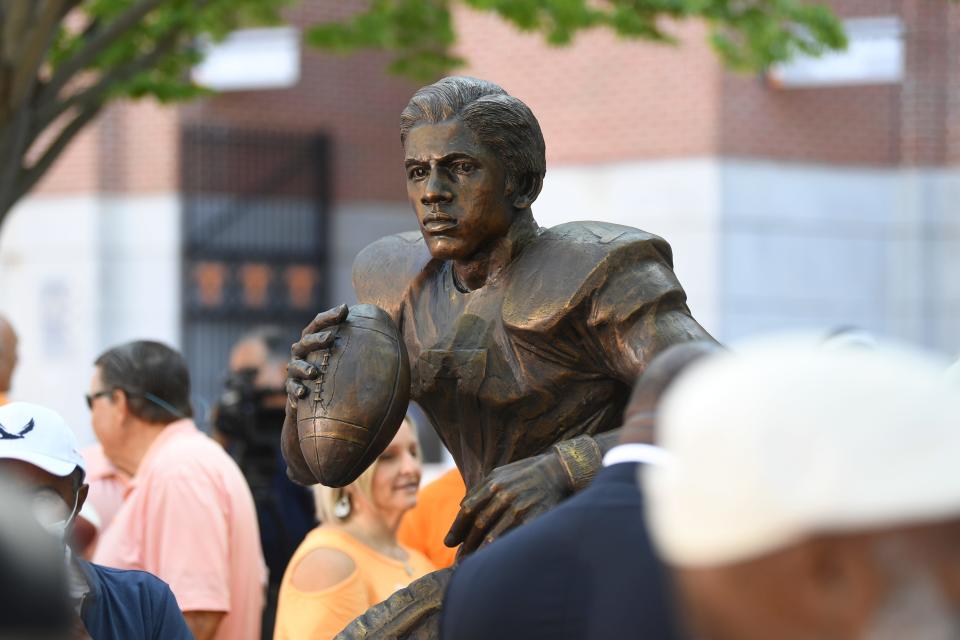 Condredge Holloway’s statue is seen at an event aiming to honor Black trailblazers from the Vols' past, Thursday, Sept. 2, 2021.