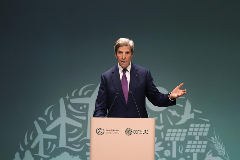 John Kerry, U.S. Special Presidential Envoy for Climate, speaks during a news conference at the COP28 U.N. Climate Summit, Wednesday, Dec. 6, 2023, in Dubai, United Arab Emirates. (AP Photo/Kamran Jebreili)