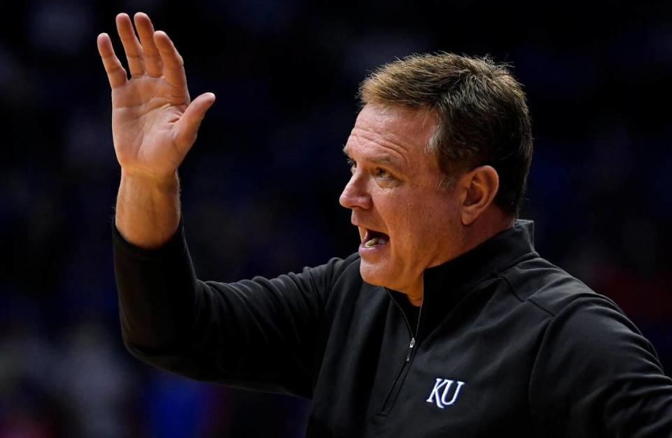 KU coach Bill Self calls a play during the second half of Wednesday night’s exhibition game at Allen Fieldhouse in Lawrence.