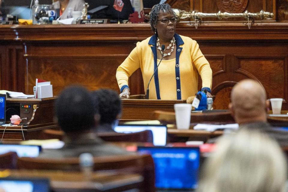 Representative Gilda Cobb-Hunter, D-Orangeburg, introduces an amendment to a bill that would ban abortions after six weeks at the South Carolina State House on Tuesday, May 16, 2023. Democrats have introduced hundreds of amendments to the bill.