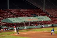 <p>A general view of the auxiliary extended dugout tents during an exhibition game between the Boston Red Sox and the Toronto Blue Jays before the start of the 2020 Major League Baseball season on July 21 at Fenway Park.</p>