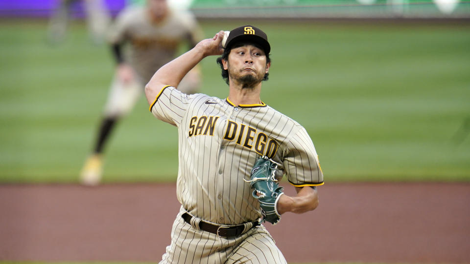 San Diego Padres starting pitcher Yu Darvish delivers during the first inning of a baseball game against the Pittsburgh Pirates in Pittsburgh, Monday, April 12, 2021. (AP Photo/Gene J. Puskar)