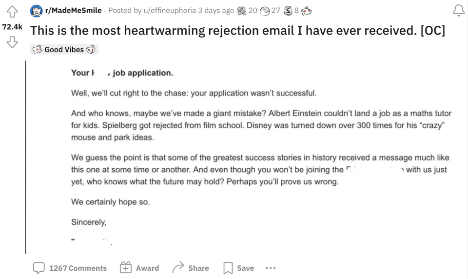 Screen shot of a rejection letter for a job