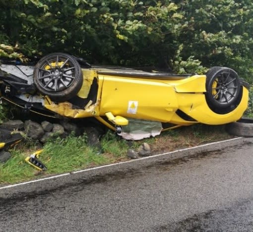 The Ferrari was flipped onto its roof in the accident in the Peak District (swns)