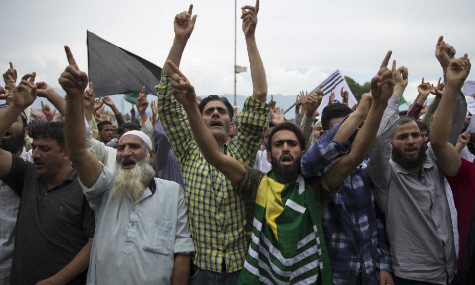 Kashmiri Muslims shout pro-freedom slogans during a demonstration on Friday.