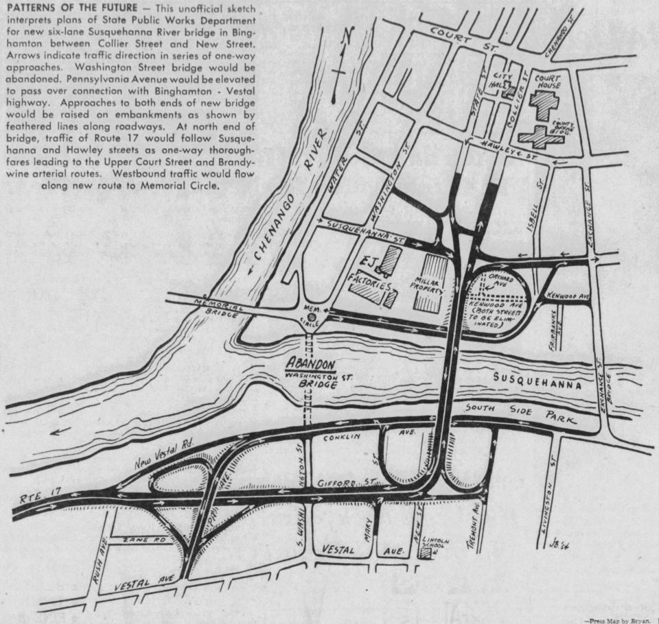 A 1956 map showing proposed changes in the downtown traffic patterns in Binghamton.