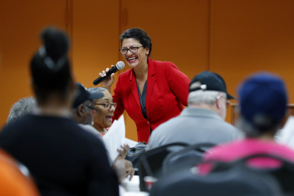 U.S. Rep. Rashida Tlaib, D-Mich., speaks to constituents in Wixom, Mich., Thursday, Aug. 15, 2019. (AP Photo/Paul Sancya)