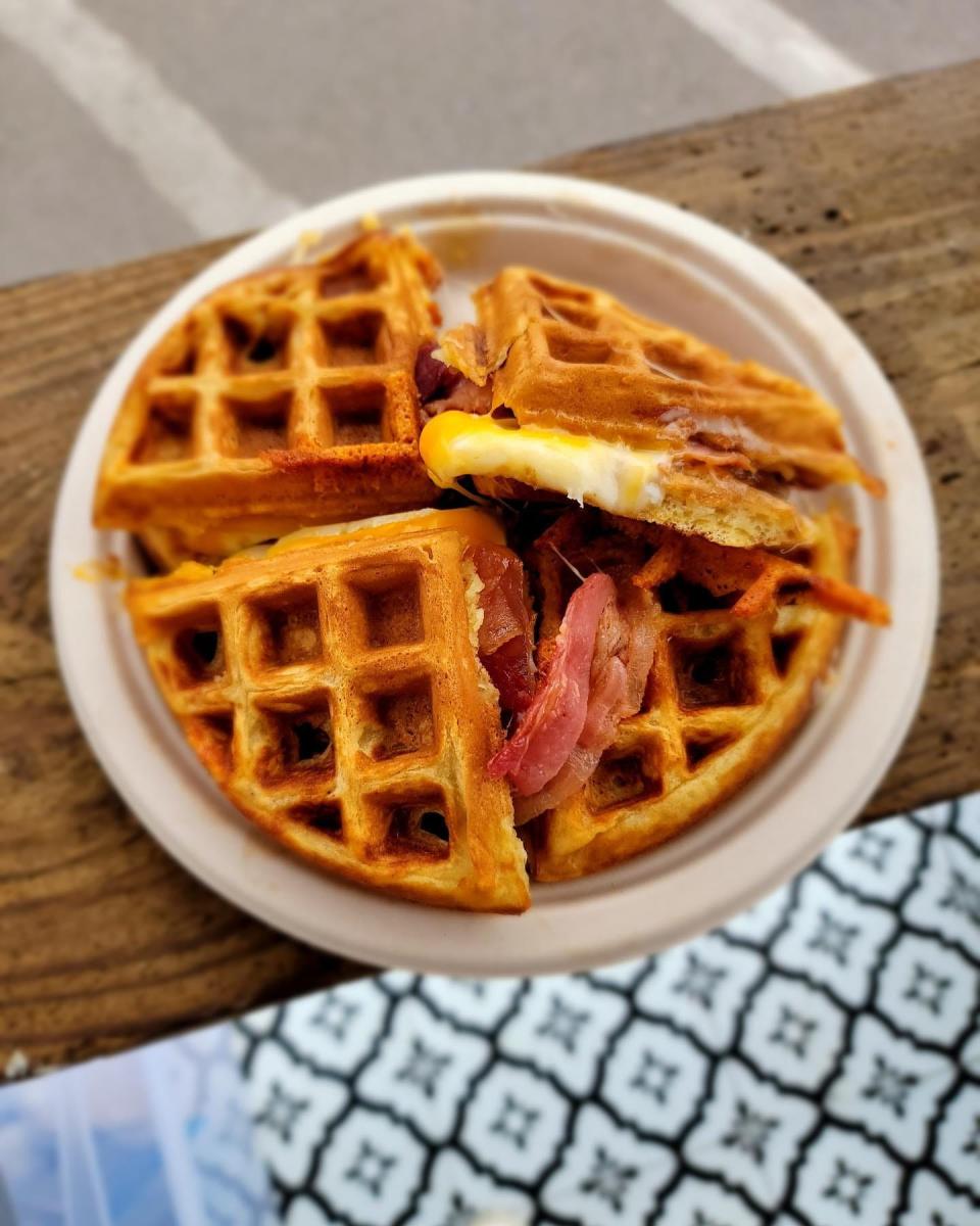 Black Iron Waffles features savory waffles, too, like ones with ham and cheese. One of the most popular items is the Big Cheese, which is a grilled cheese sandwich waffle with bacon, Havarti, cheddar and a side of strawberry preserves for dipping.