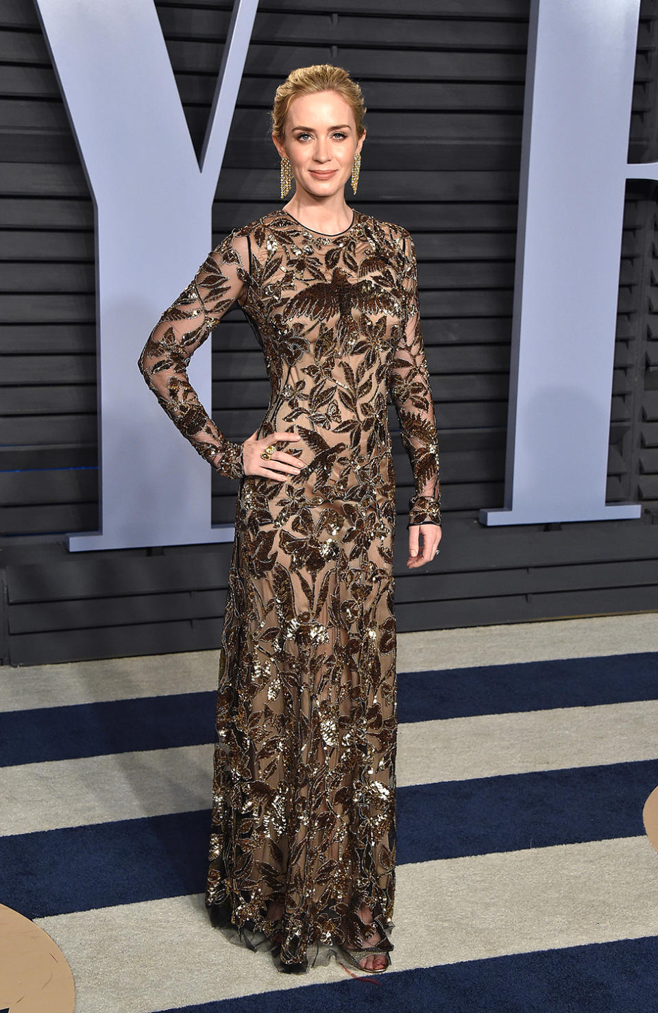 <p>The <em>Mary Poppins Returns</em> star changed out of her pale blue Schiaparelli Haute Couture gown and into this stunning embellished number. (Photo: John Shearer/Getty Images) </p>