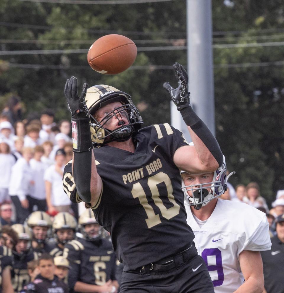 Point Pleasant Borough's Colin Obser, shown hauling in a pass for a TD in the Panthers' 42-28 win over NJSIAA Group 2 finalist Rumson-Fair Haven on Sept. 30, was named the Shore Conference Colonial Division co-Defensive Player of the Year.